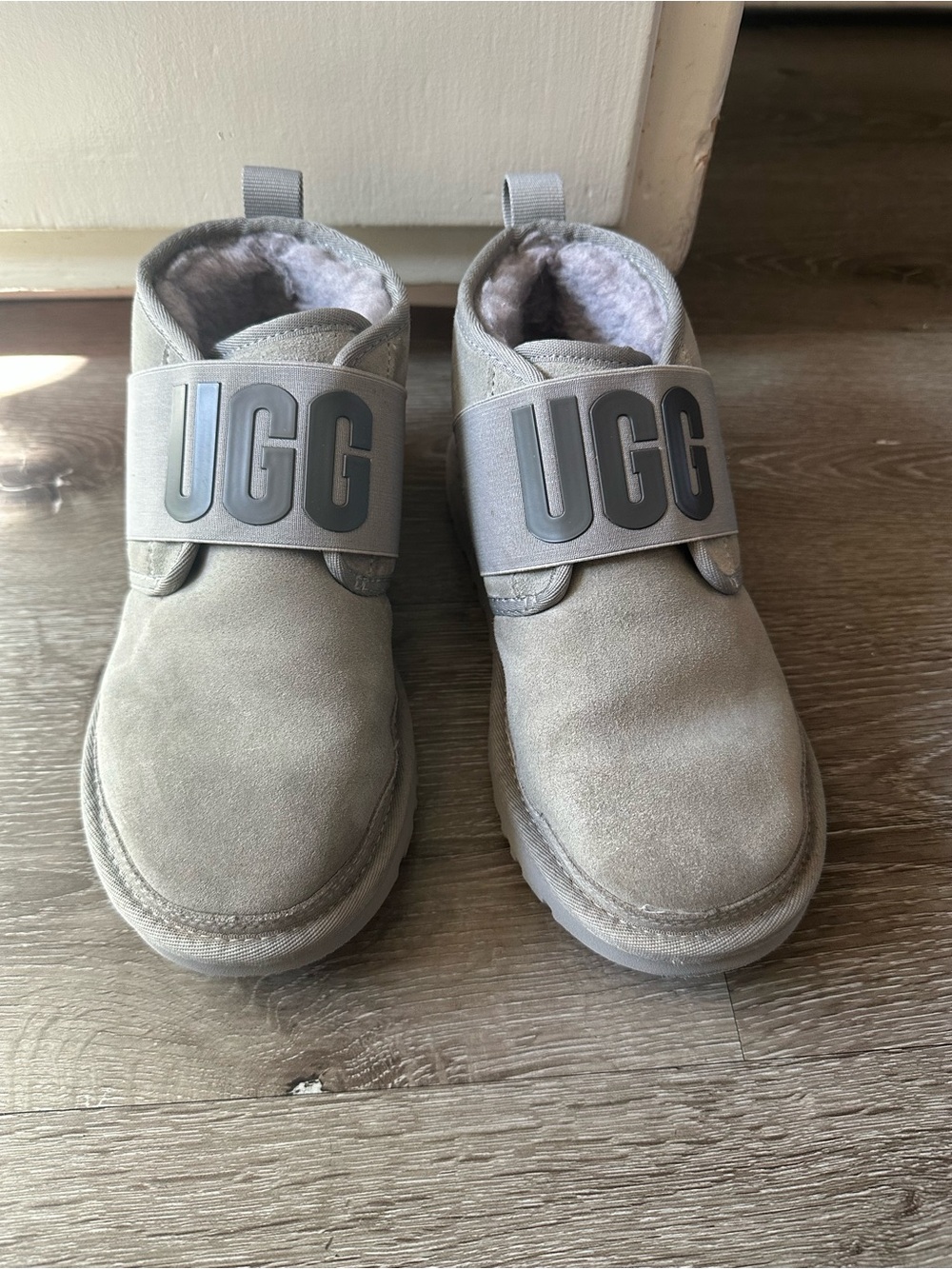 UGG Light Grey Suede Shearling Strap Boots